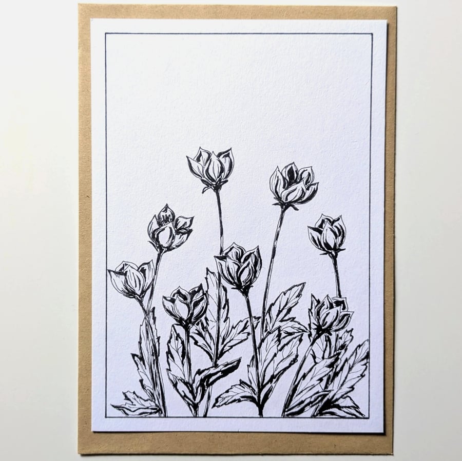 Orignal Black Ink Flower Painting A6