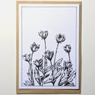 Orignal Black Ink Flower Painting A6