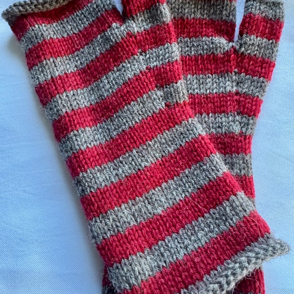 Handknitted Fingerless Gloves Striped Claret and Clay