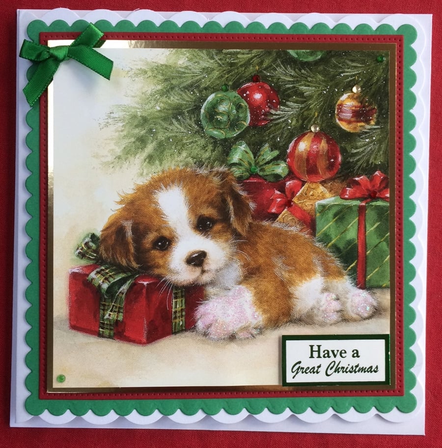 Christmas Card Cute Puppy Dog Presents 3D Luxur Folksy