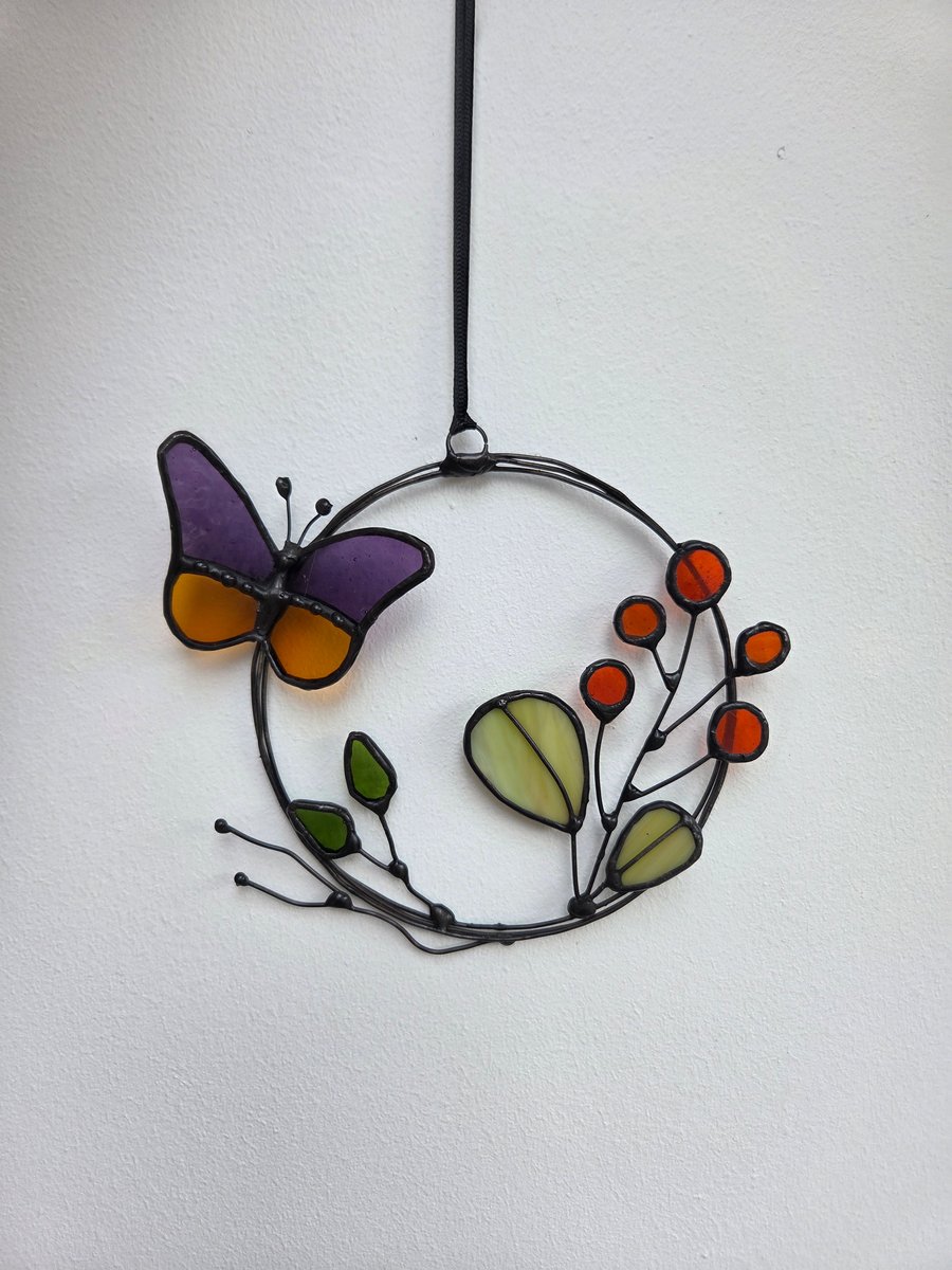 Folk Flower Mini Wreath with butterfly stained glass wall and window Hanging