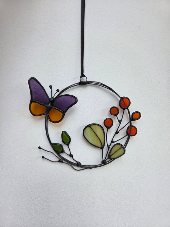 Folk Flower Mini Wreath with butterfly stained glass wall and window Hanging