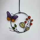 Folk Flower Mini Wreath with butterfly stained glass wall and window Hanging