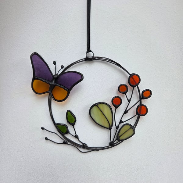 Folk Flower Mini Wreath with butterfly stained glass wall and window Hanging