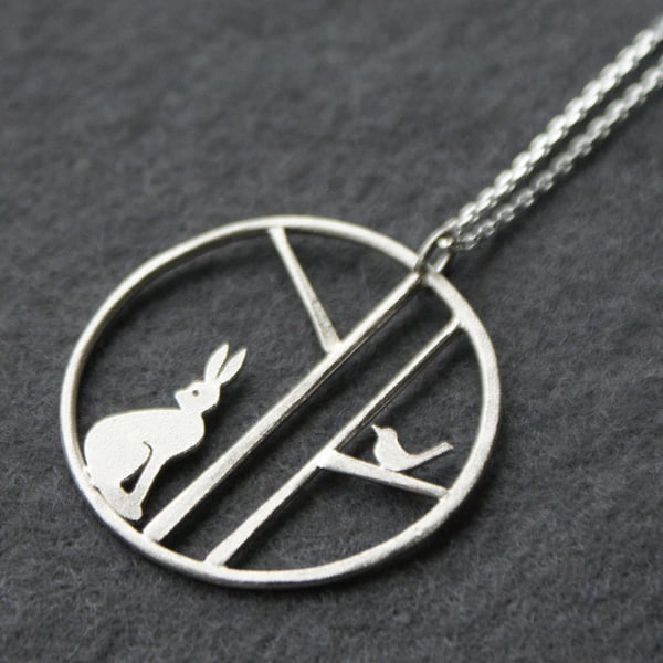 Edge of the woods hare and bird necklace