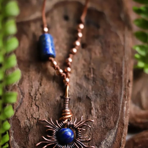 Copper Sun Necklace with Lapis Lazuli 