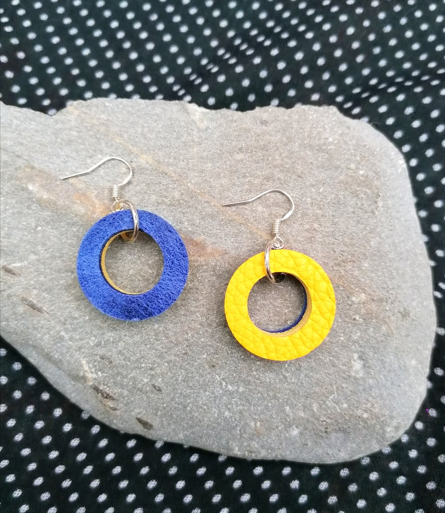 Mini Colour Duo Leather Hoop Earrings - Dark Blue & Yellow, Sterling Silver