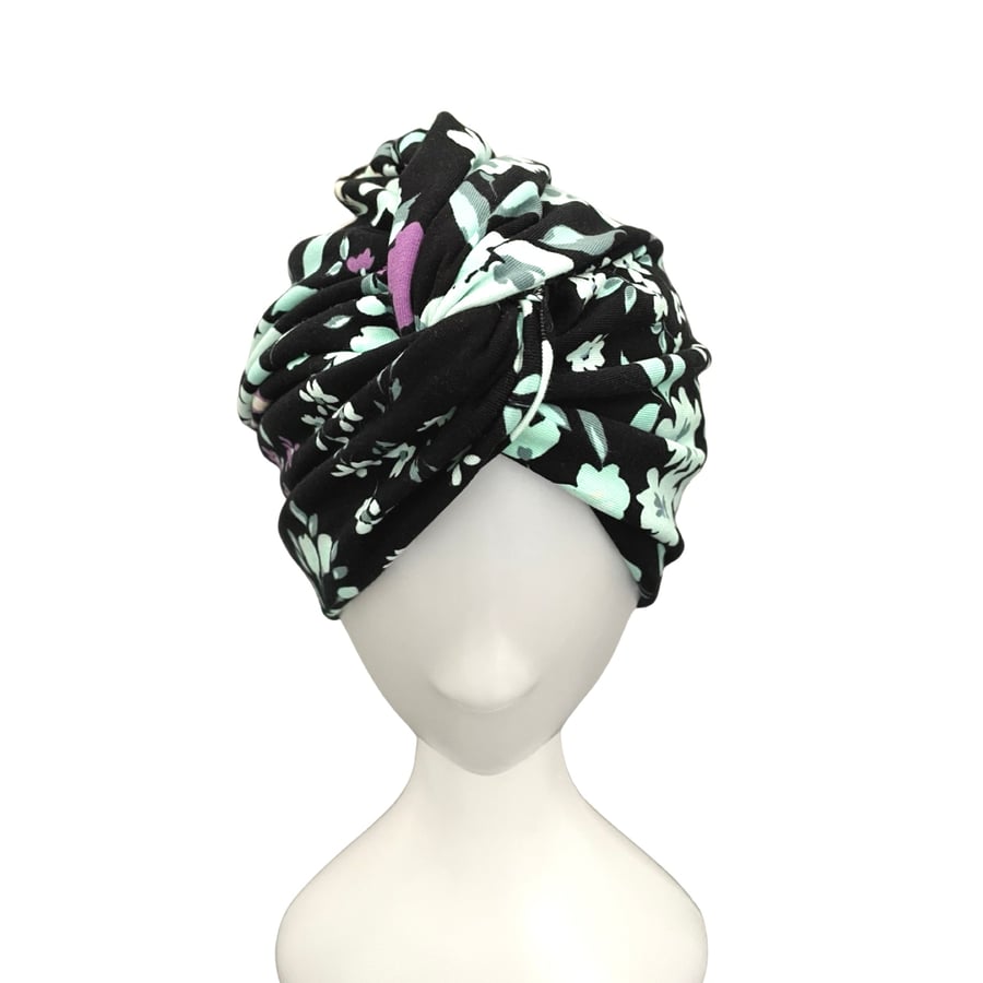 Black Floral Turban Twist Hat for Women, Alopecia Hair Loss Hat, Hair Loss Hat