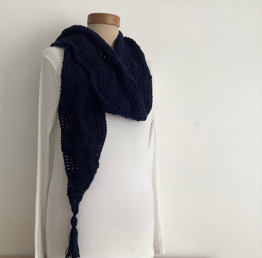 COTTON blend scarf. 'Landscape' Soft , lightweight , all-seasons . Navy blue. 