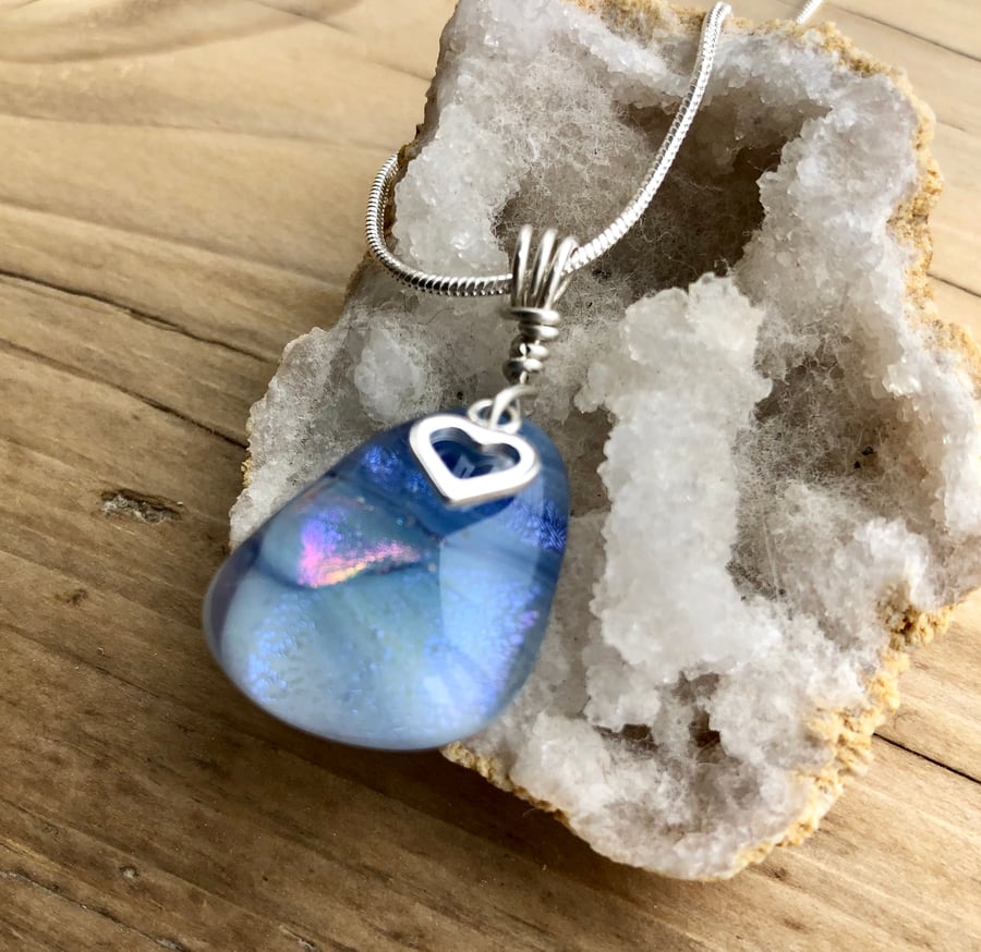 Fused Glass and Silver Necklace -  Blue Art Glass with Silver Heart Charm