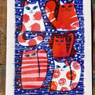 Cute 'Love Cats' screen print PINK , unframed by Jo Brown