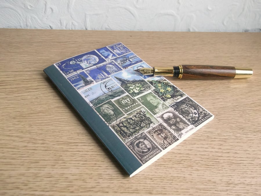 Postage Stamp Art A6 Notebook - Blue Green - Choice of pages