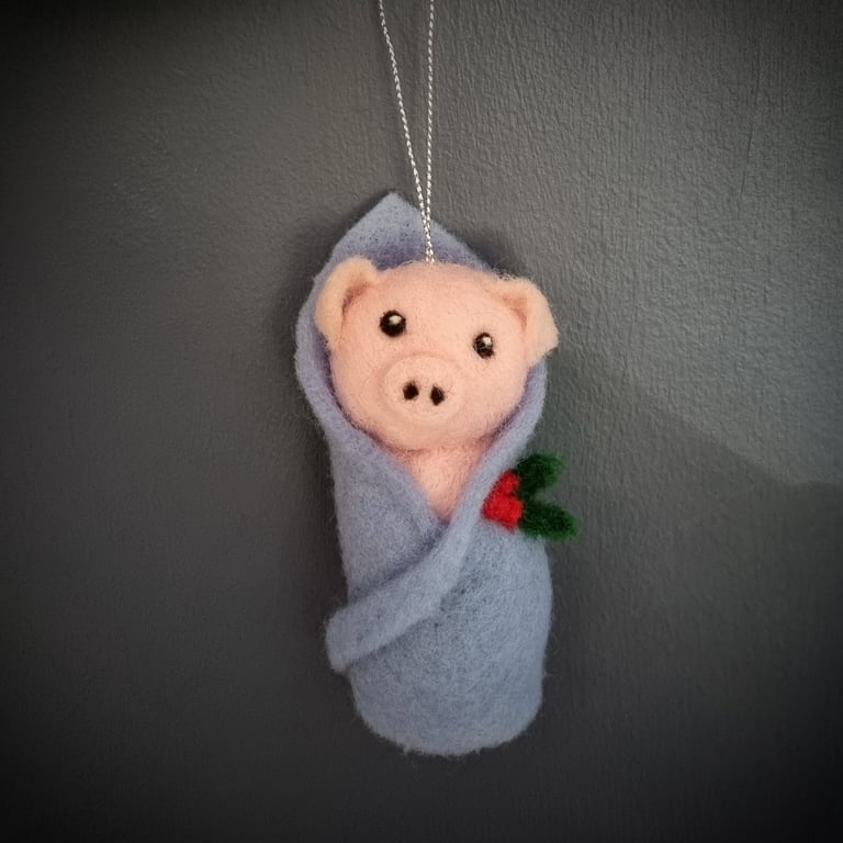 Needle Felted Pig in Blanket Christmas Ornament: Vegan Bauble