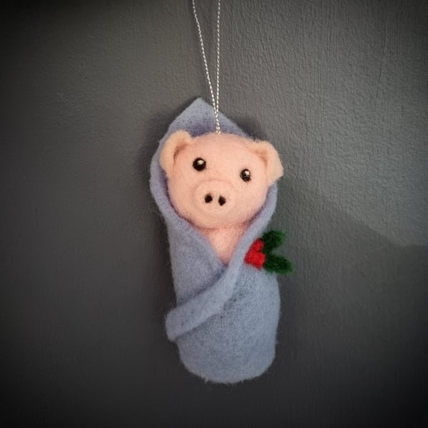 Needle Felted Pig in Blanket Christmas Ornament: Vegan Bauble