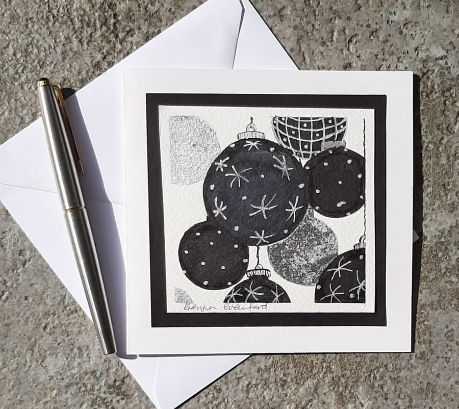 Black and Silver Baubles. Blank Handpainted Stylish Monochrome Christmas Card