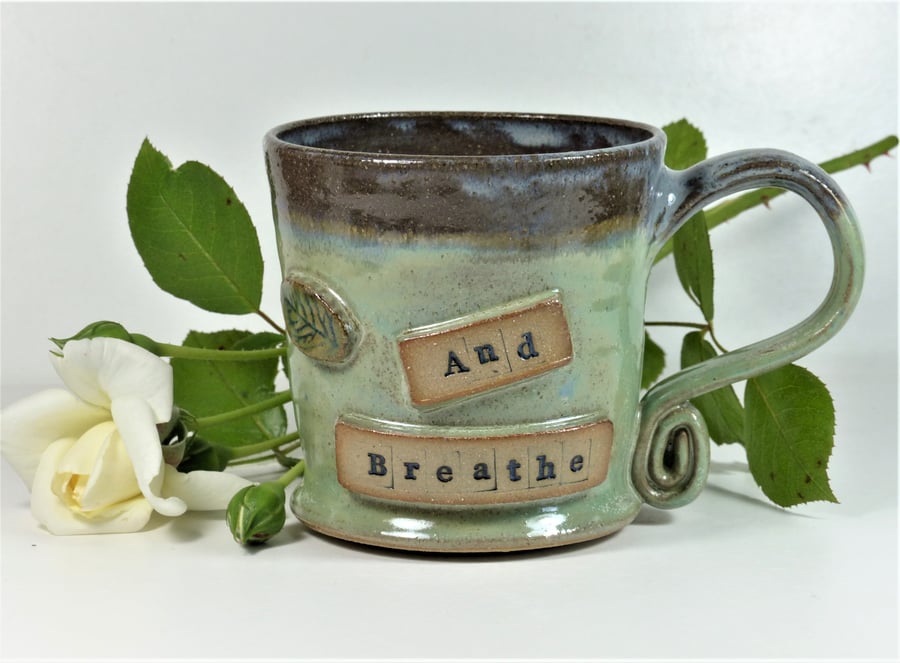 And Breathe Mug - Tea, Coffee, Yoga Pilates Ceramic Stoneware Pottery Meditation