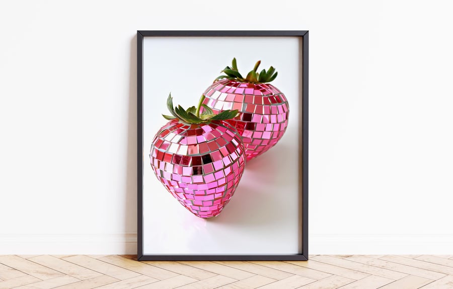 Disco Ball Pink Strawberries Print, Kitchen Disco Poster, Unframed Wall Art