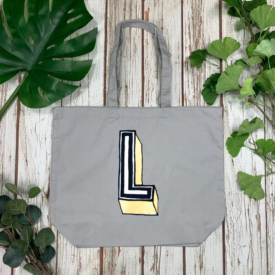 Organic Cotton Large Letter Tote Bag. Personalised Alphabet Initial maxi Shopper