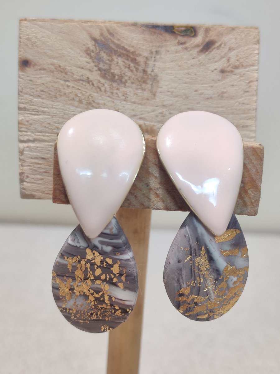 Lilac and gold swirl tear drop enamel earrings 