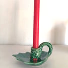 Pottery green Holly leaf candleholder, Christmas Candleholder