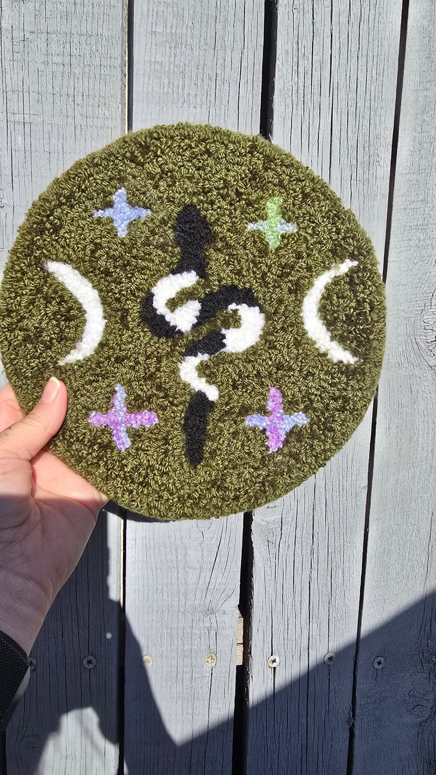 Large Snake, Moon and Stars Sage Green Witches Altar Rug, Mug Rug, Desk Rug