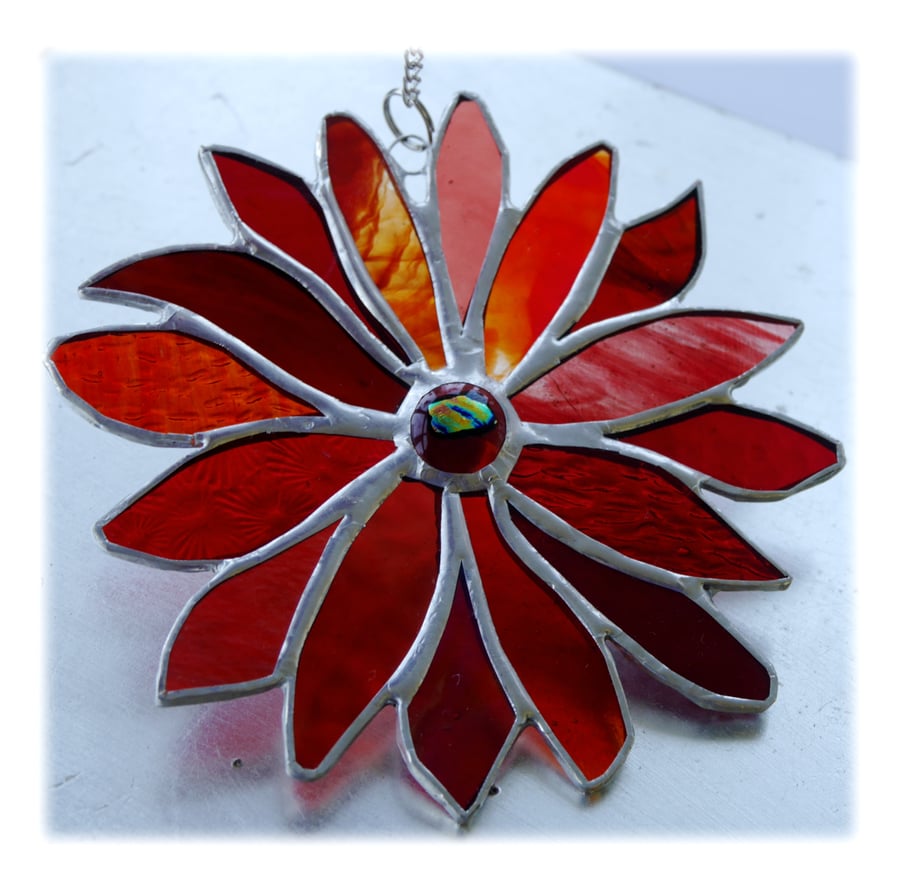Red Hot Fire Flower Stained Glass Suncatcher Handmade 002