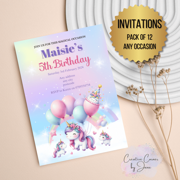 Pack of 12 personalised unicorn girls party invitation birthday invite