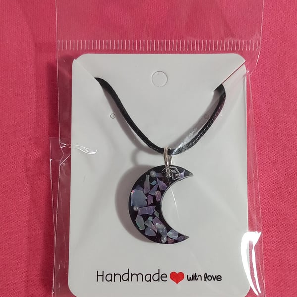 Abalone shell Moon necklace, Beautiful shell necklace black cord or stainless st