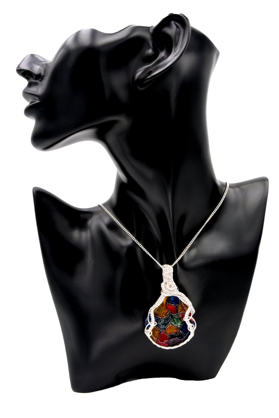 Pendant, wire wrapped stained glass Gaudi style