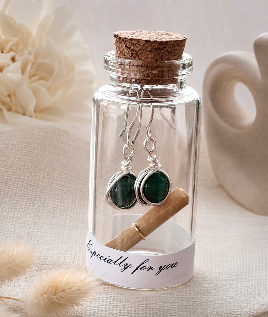 Wire Wrapped Moss Agate Earrings in a Message Bottle
