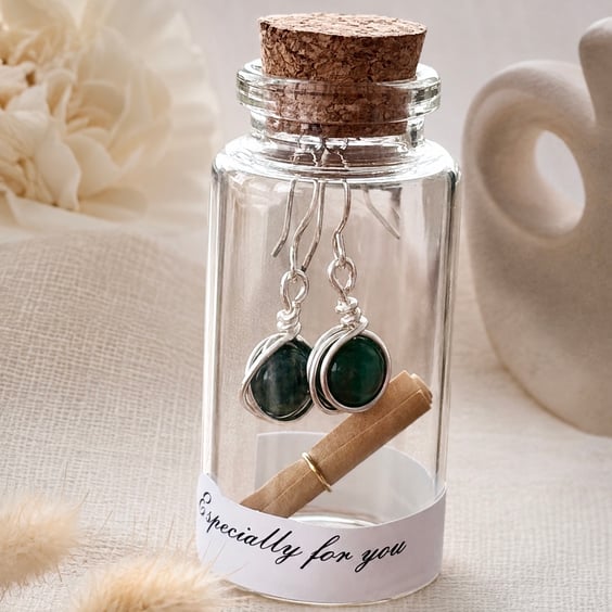Wire Wrapped Moss Agate Earrings in a Message Bottle