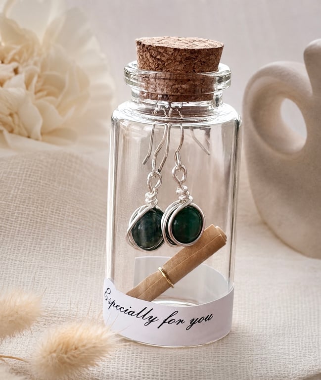 Wire Wrapped Moss Agate Earrings in a Message Bottle