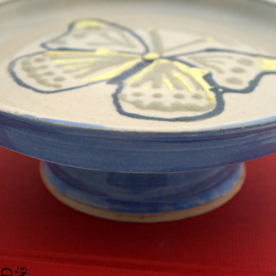 Butterfly cake stand in blue and yellow - stoneware pottery