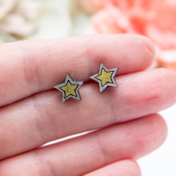 Hand-painted Wooden Star Earrings, Star Studs, Gold Star Earrings, Wood Studs