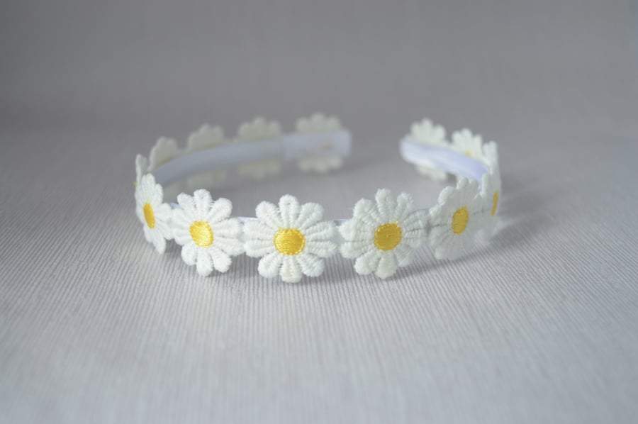 White daisy headband for flower girl, holly communion aliceband flower headpiece