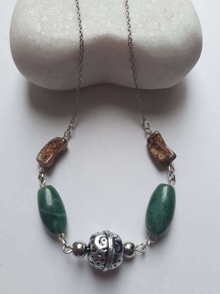 Green Aventurine and Brown bead Necklace 