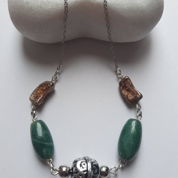 Green Aventurine and Brown bead Necklace 