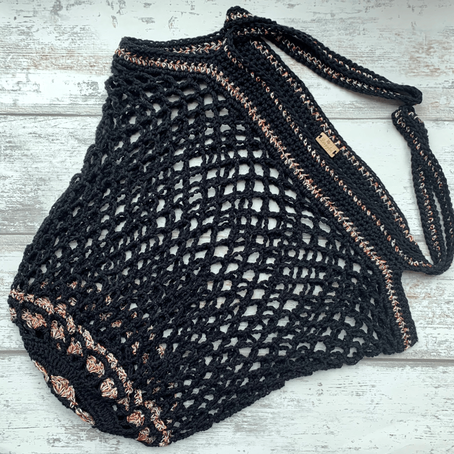Cotton crochet string market festival beach tote bag in black