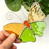 Stained Glass Butterfly Suncatcher - Handmade Decoration - Green and Amber