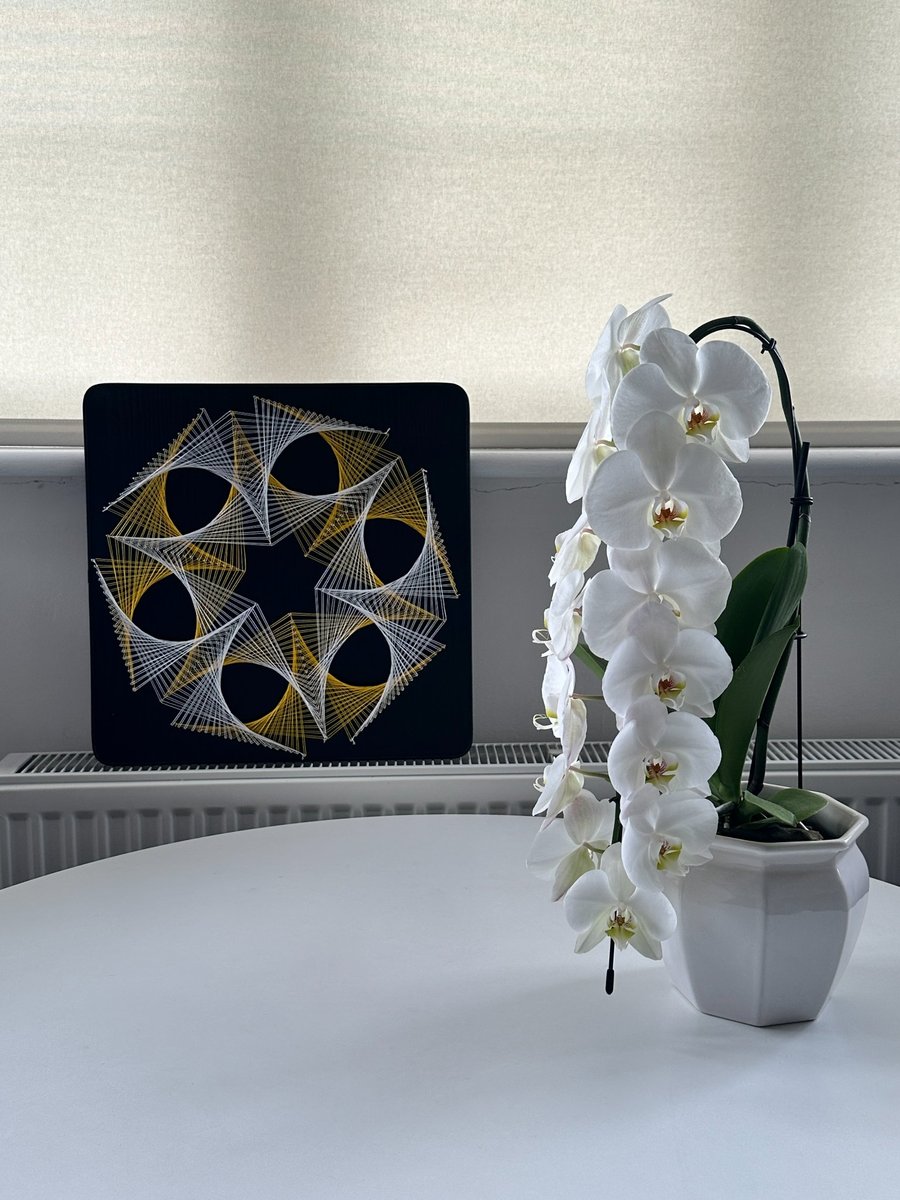 Geometric String Art Wall Decor-Handmade White&Gold Thread Art on Black Board