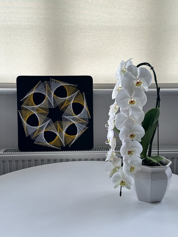 Geometric String Art Wall Decor-Handmade White&Gold Thread Art on Black Board