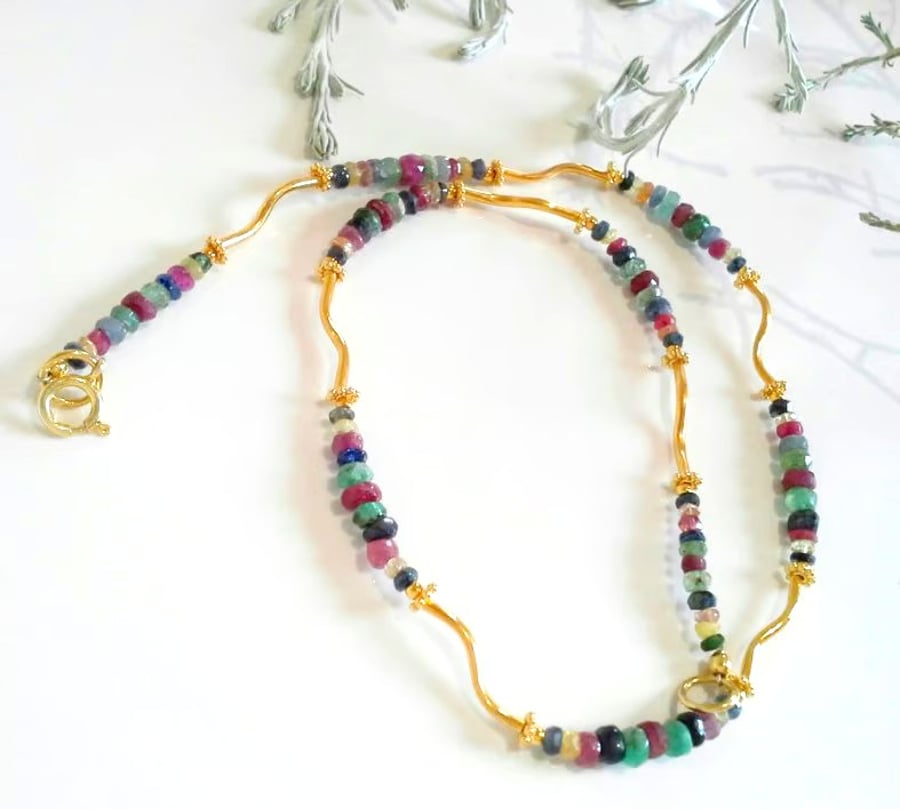 Genuine Unique Ruby, Emerald & Sapphire  Gold Vermeil Necklace