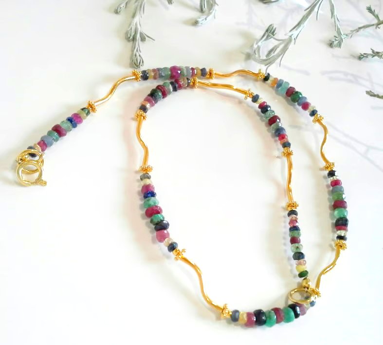 Genuine Unique Ruby, Emerald & Sapphire  Gold Vermeil Necklace