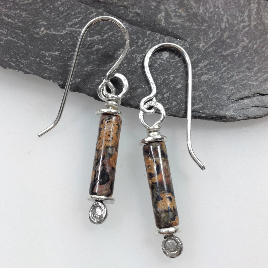 Scrolls silver and leopard skin jasper earrings