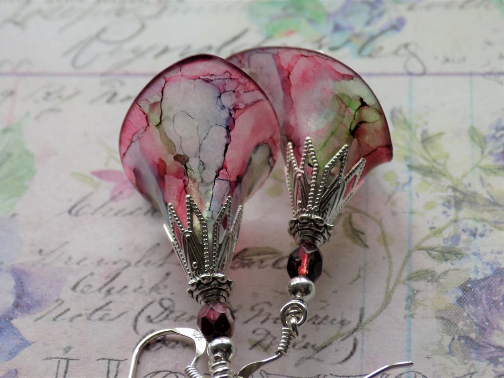 Rose Red, and Green "Moss Rose" Hand Painted Lucite Flower Earrings