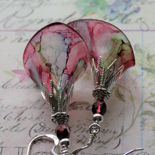 Rose Red, and Green "Moss Rose" Hand Painted Lucite Flower Earrings