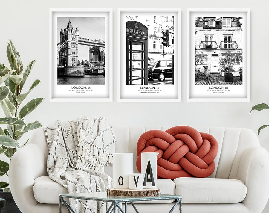 Set x 3 London Prints, Home Decor, Travellers gift, Wall hanging, Above bed deco