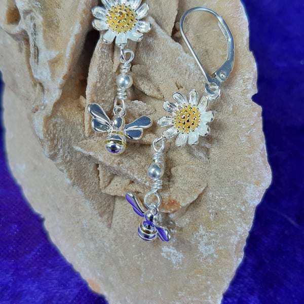 Sterling Silver Daisy and Bee Earrings