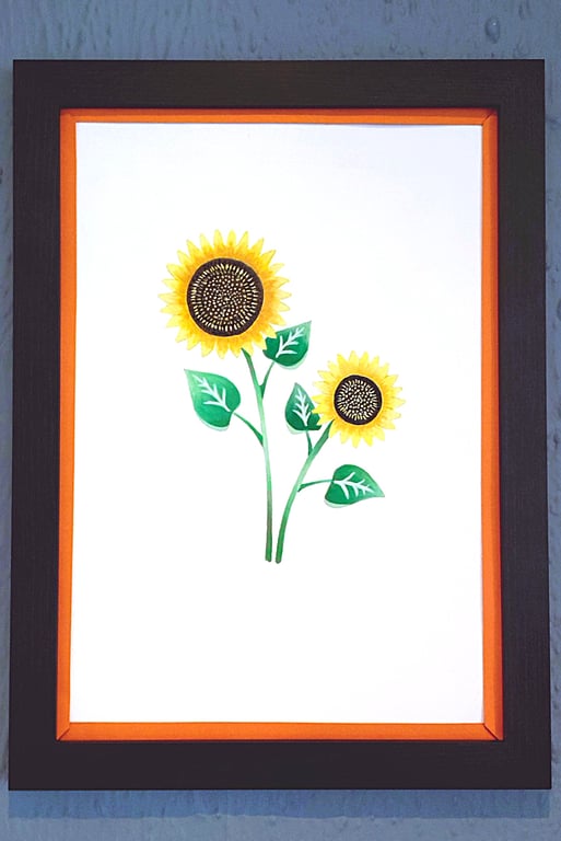 Genuine Made in UK Framed A3 Print Yellow Sunflowers Vibrant Orange Border