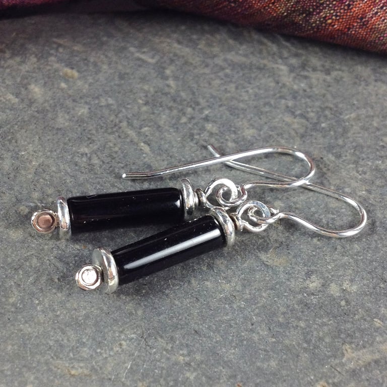 Scrolls black onyx silver earrings